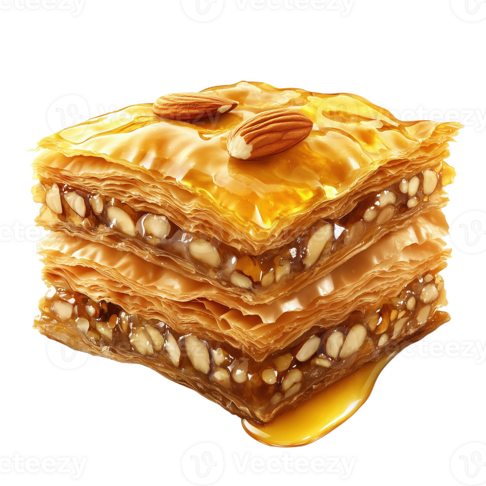 Layers of flaky baklava drizzled with honey and topped with whole almonds png