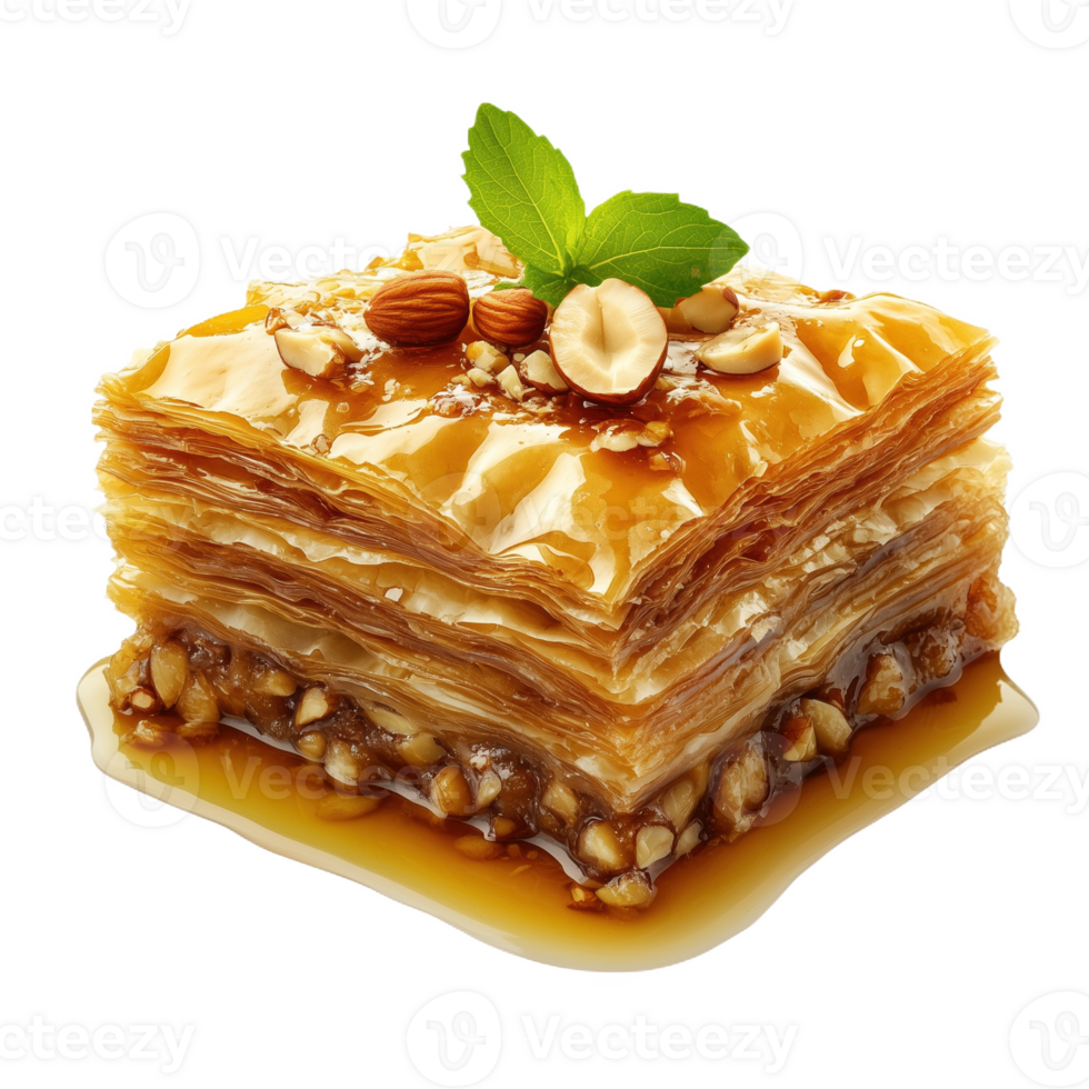 Layers of flaky baklava drizzled with honey and topped with nuts png