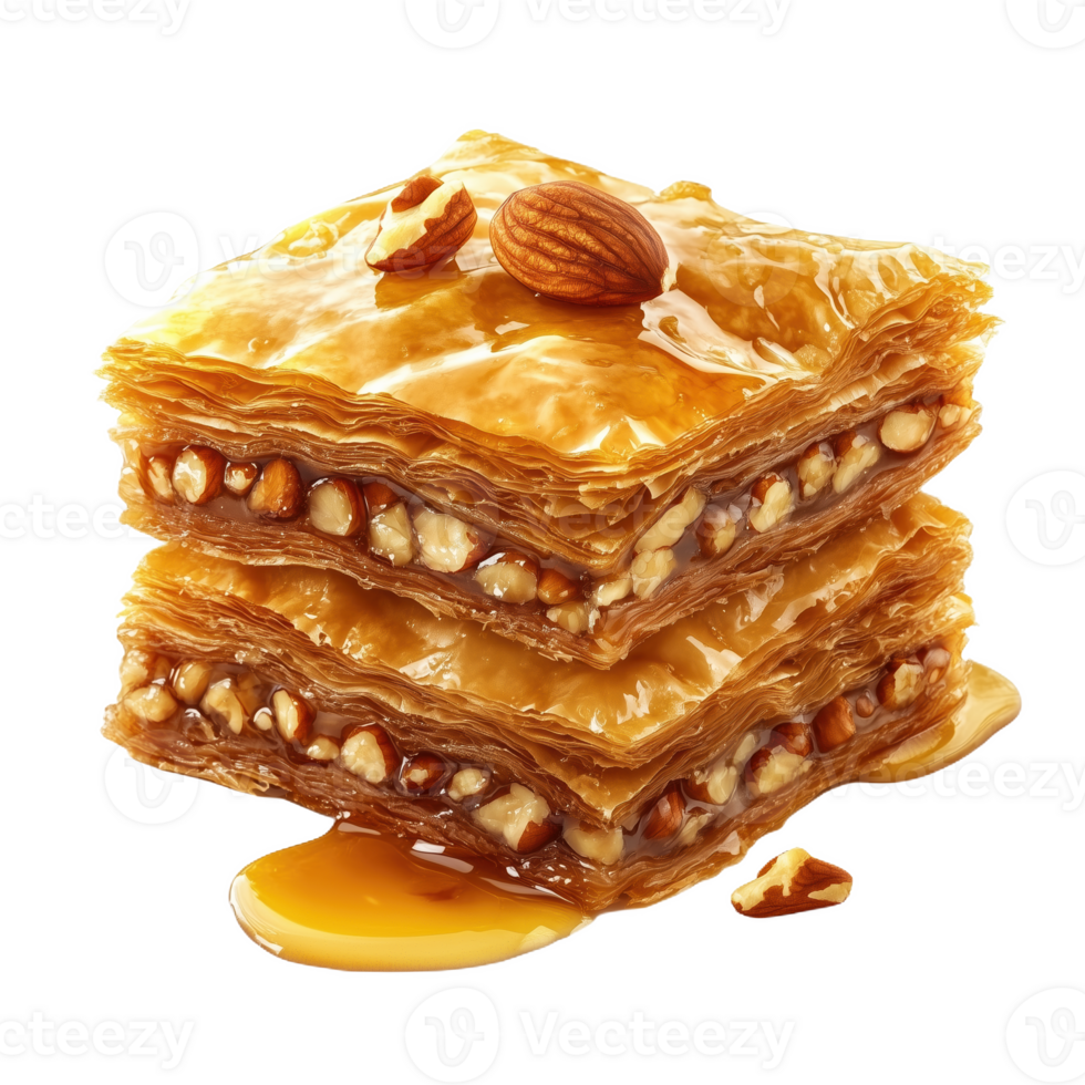Layers of flaky baklava drizzled with honey and topped with nuts on a white background png