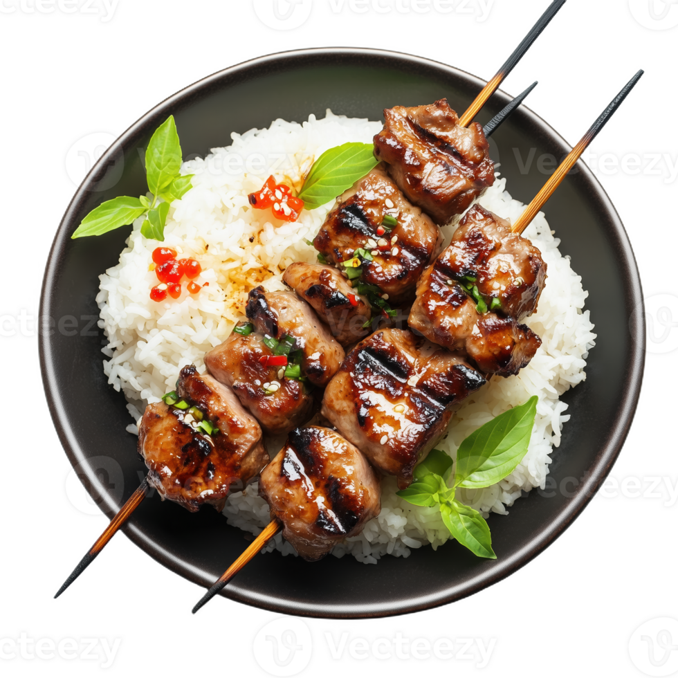 Perfectly grilled moo ping pork skewers served on a bed of fragrant rice png