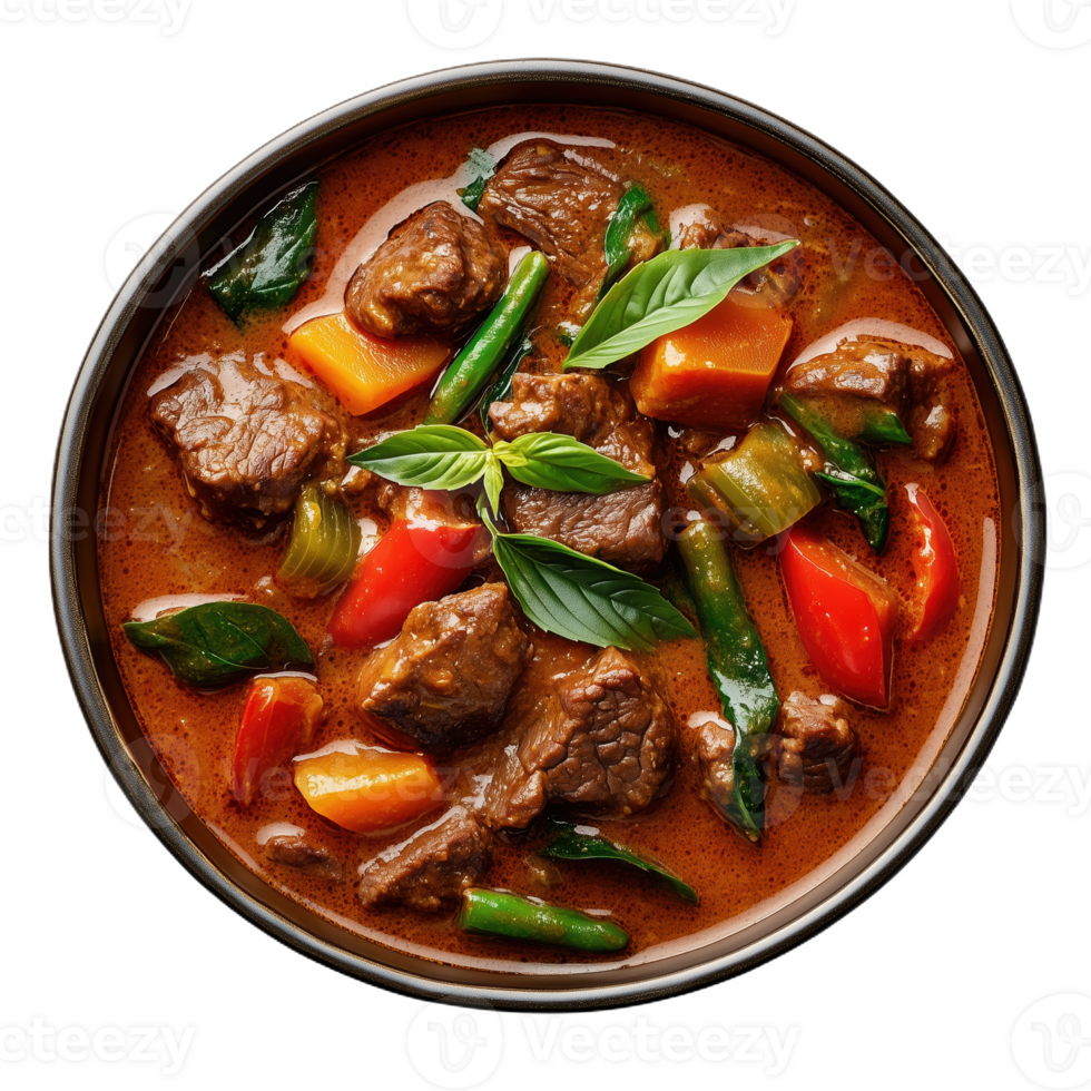 Padang curry with beef served in a bowl with fresh vegetables and spices png
