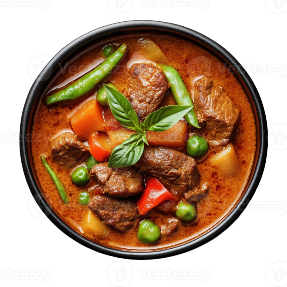 Flavorful Padang curry with beef and fresh vegetables in a bowl png