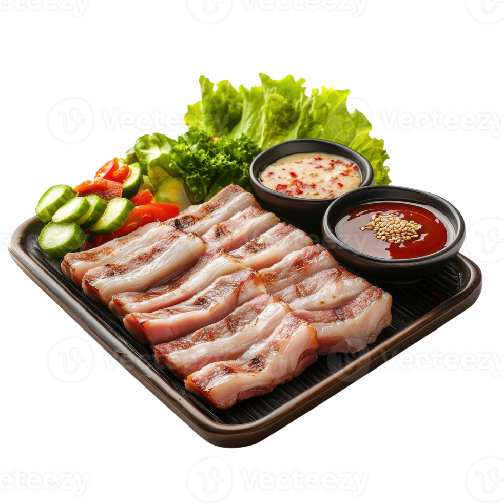 Samgyeopsal pork belly served with fresh vegetables and dipping sauces png