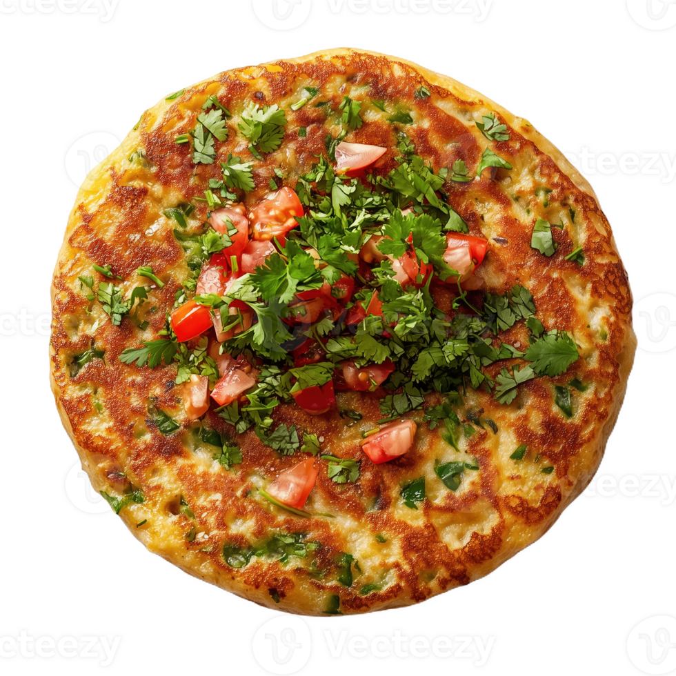 Salti de gavila topped with fresh cilantro and tomatoes ready to be served png