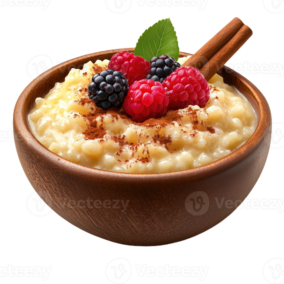 Delicious takamol sweet rice bowl topped with fresh berries and cinnamon png