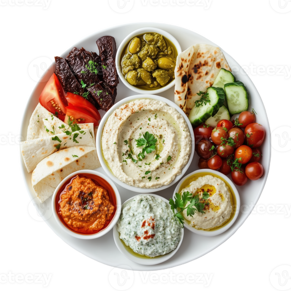 Tasty mezze platter with dips and fresh veggies on a white plate png