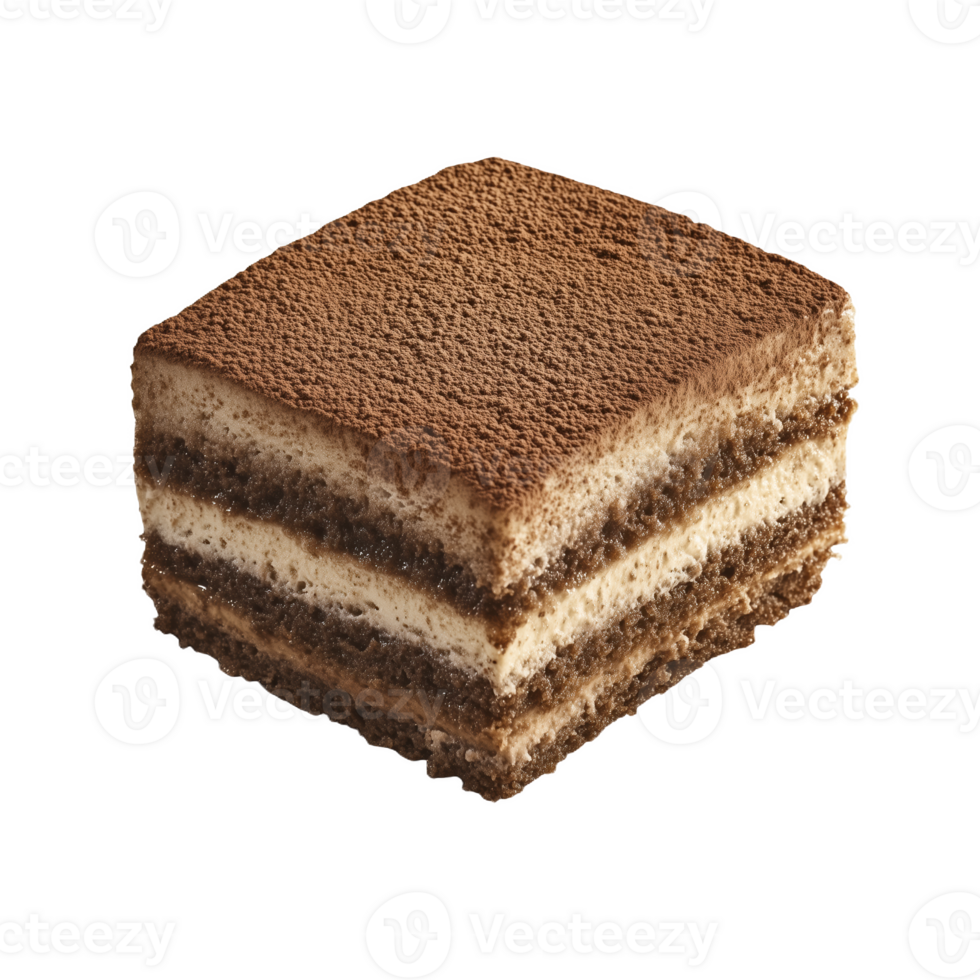 Tiramisu slice dusted with cocoa powder sitting on a clean white background png