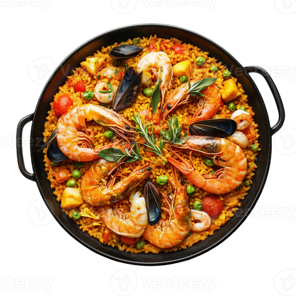 Delicious seafood paella cooked to perfection in a traditional pan png