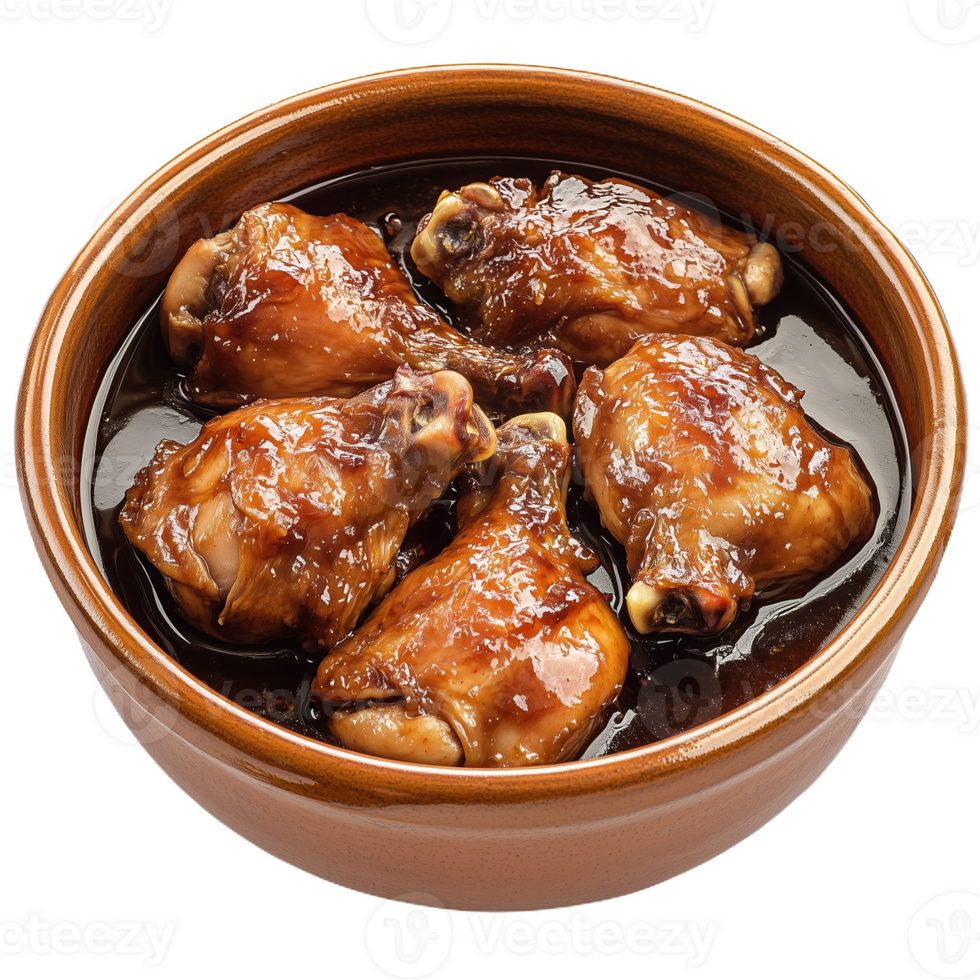 Juicy adobo chicken braised in rich sauce served in traditional bowl png