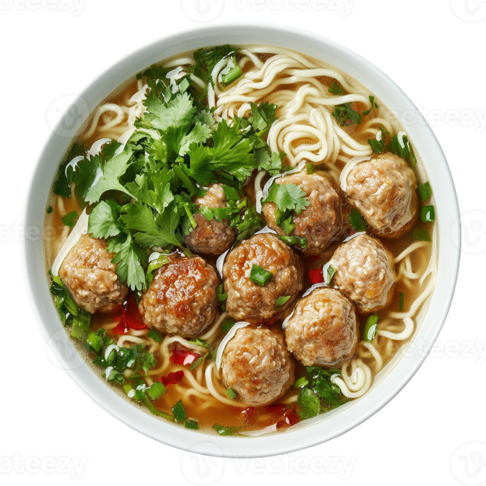 Savory bakso meatball soup served with noodles and fresh herbs in a bowl png
