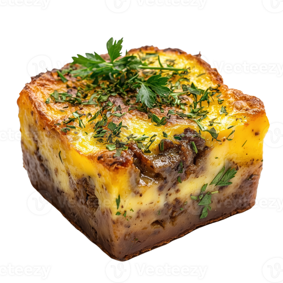Savory bobotie dish garnished with fresh herbs on a white background png