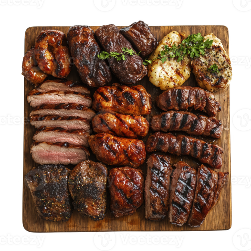 Grilled meats arranged beautifully on a wooden board for a flavorful asado feast png