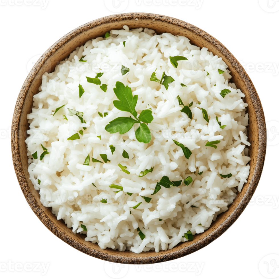 Delicious coconut rice garnished with fresh herbs in a wooden bowl ready to enjoy png