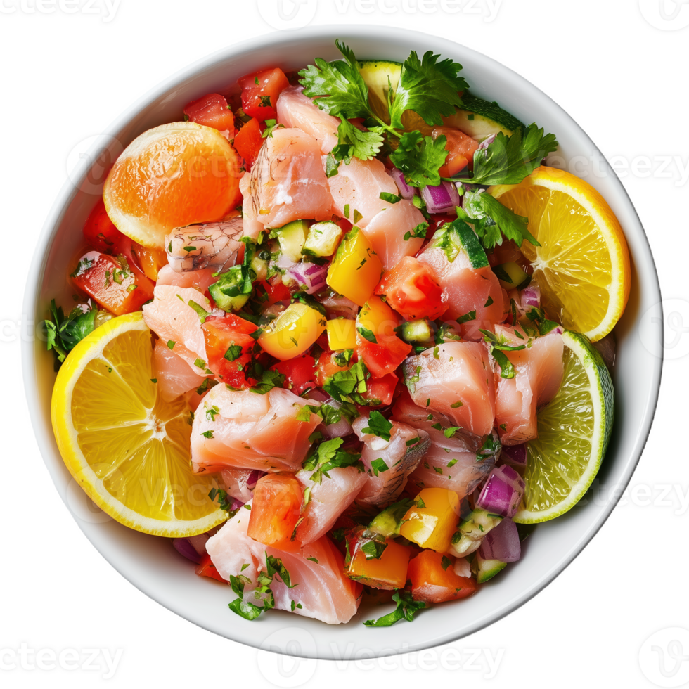 Fresh ceviche served in a bowl with vibrant ingredients and lime slices png