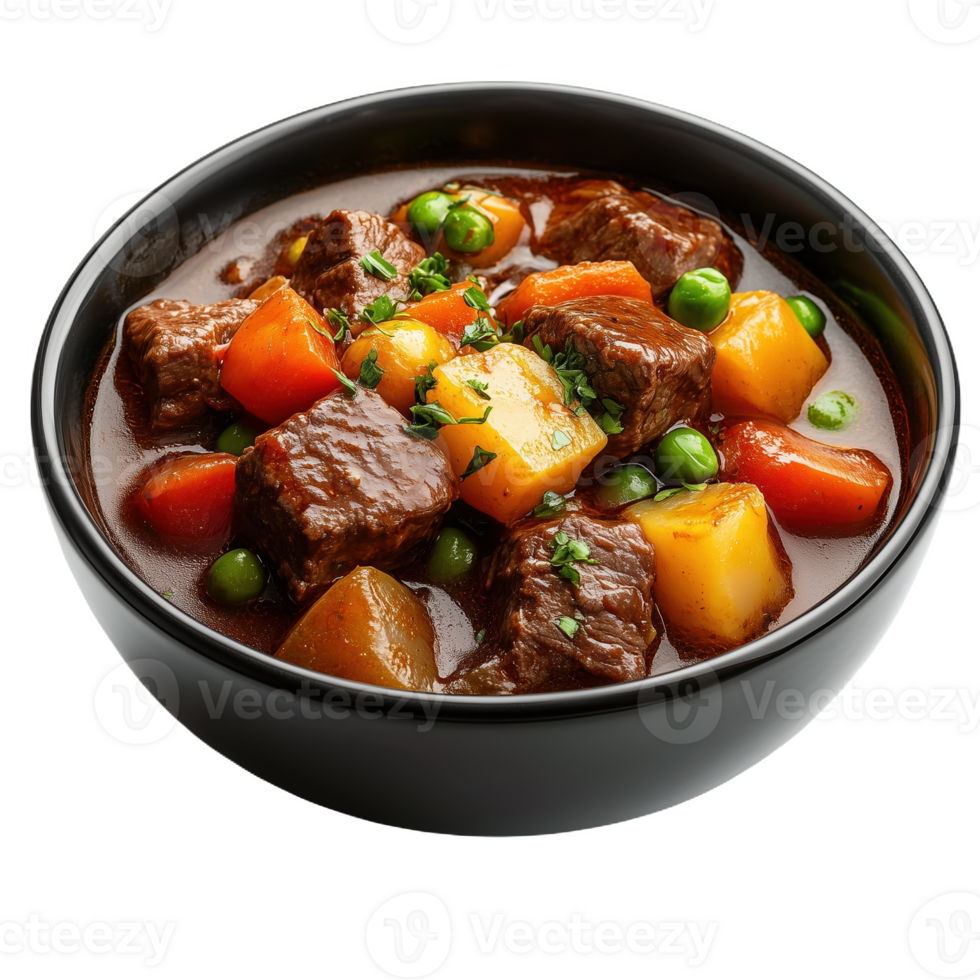 Delicious cuando beef stew with fresh vegetables served in a black bowl png