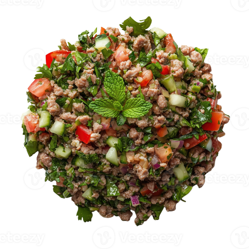 Larb minced meat salad with fresh herbs and vegetables displayed in a bowl png