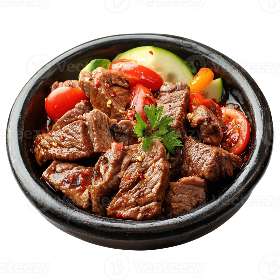 Flavorful molida beef dish with fresh vegetables in a traditional serving bowl png