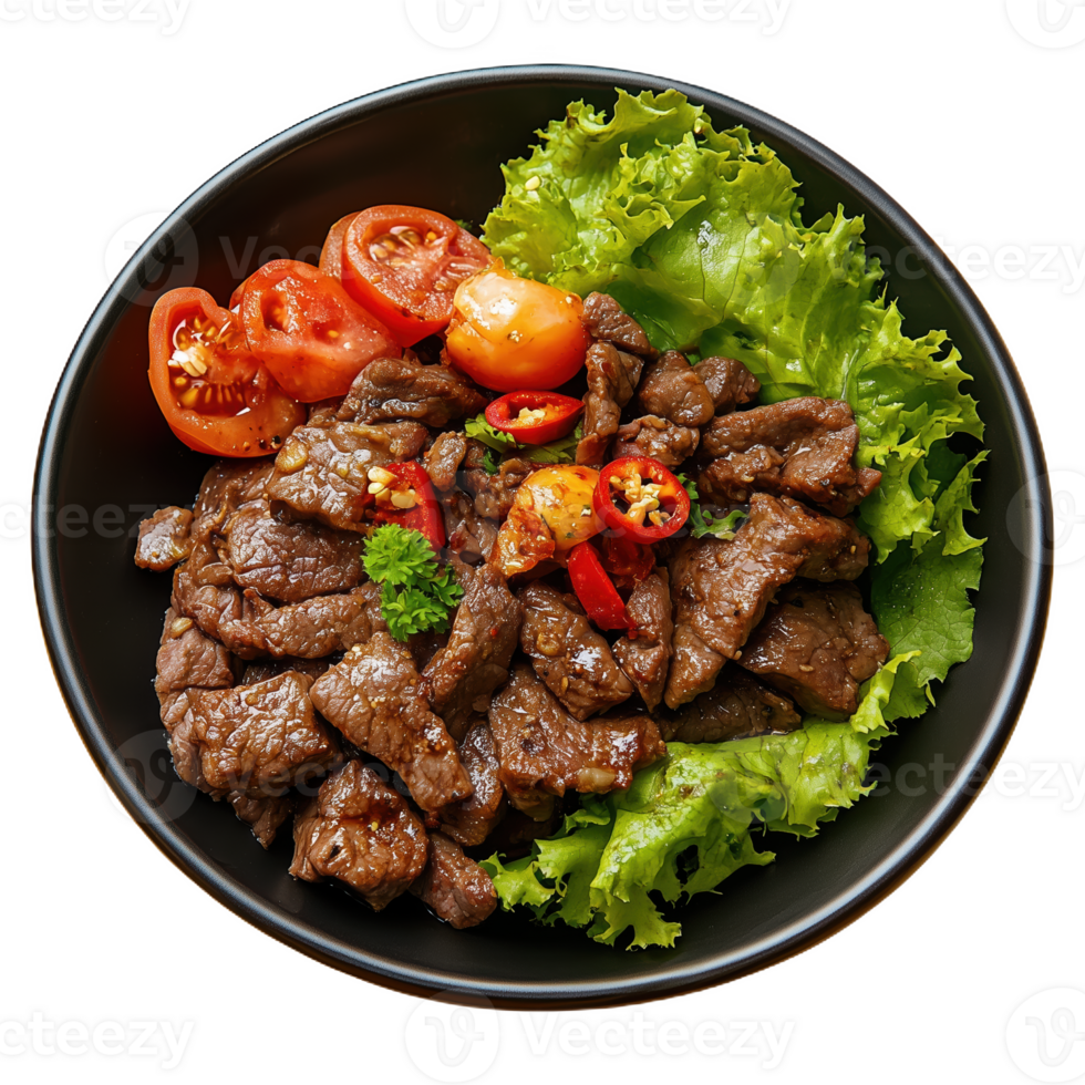 Juicy molida beef dish served fresh with tomatoes and leafy greens png