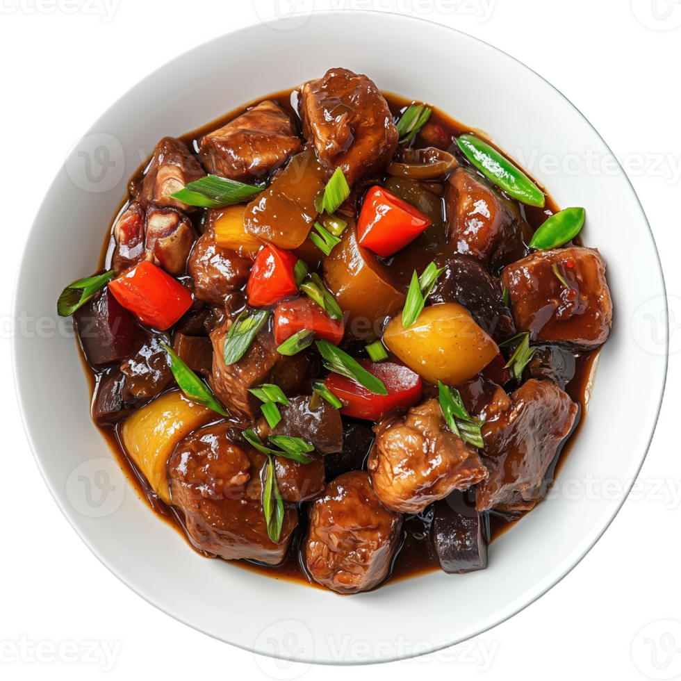 Flavors of moro consoltao braised dish served in a white bowl png
