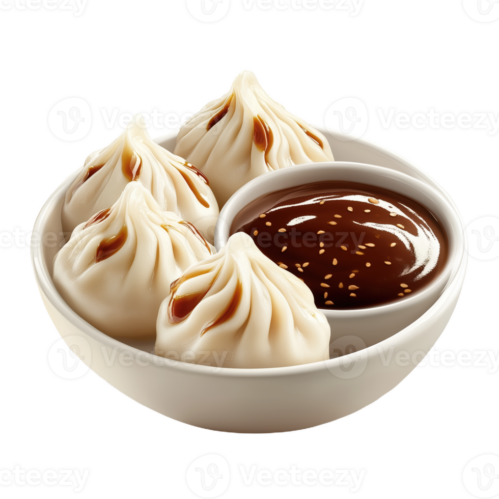 Delicious steamed mantu dumplings with savory sauce served in a traditional bowl png