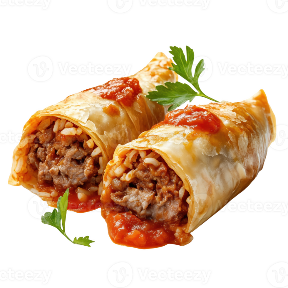 Delicious Russian golubtsy stuffed with meat and rice topped with tomato sauce png