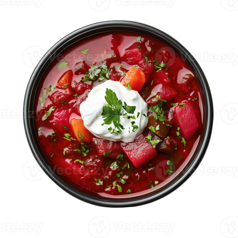 Delightful bowl of Russian borscht garnished with sour cream and herbs png