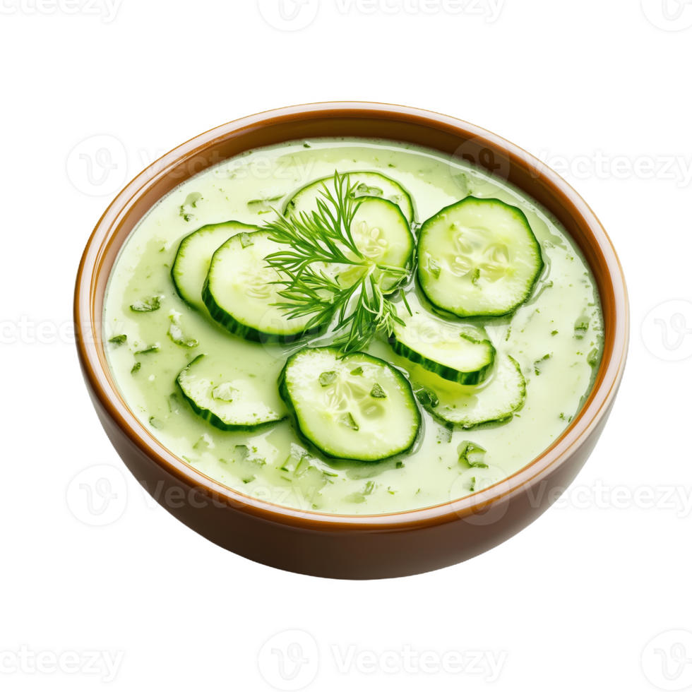 Swedish cold cucumber soup with fresh herbs served in a rustic bowl png