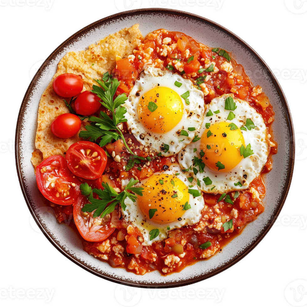 Turkish menemen served with fresh tomatoes and parsley on a rustic plate png