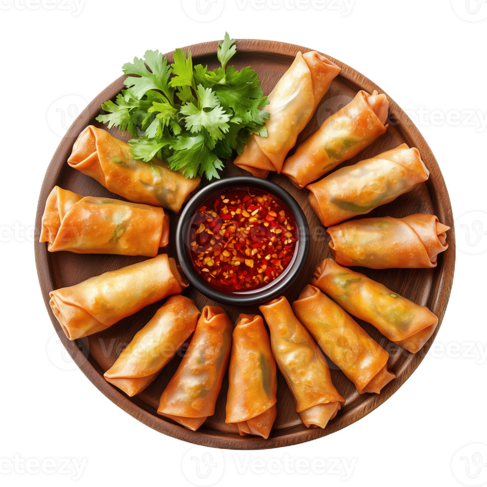 Delicious spring rolls beautifully arranged on a wooden platter with dipping sauce png