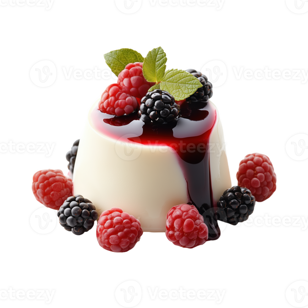 Vibrant panna cotta topped with fresh berries and a glossy