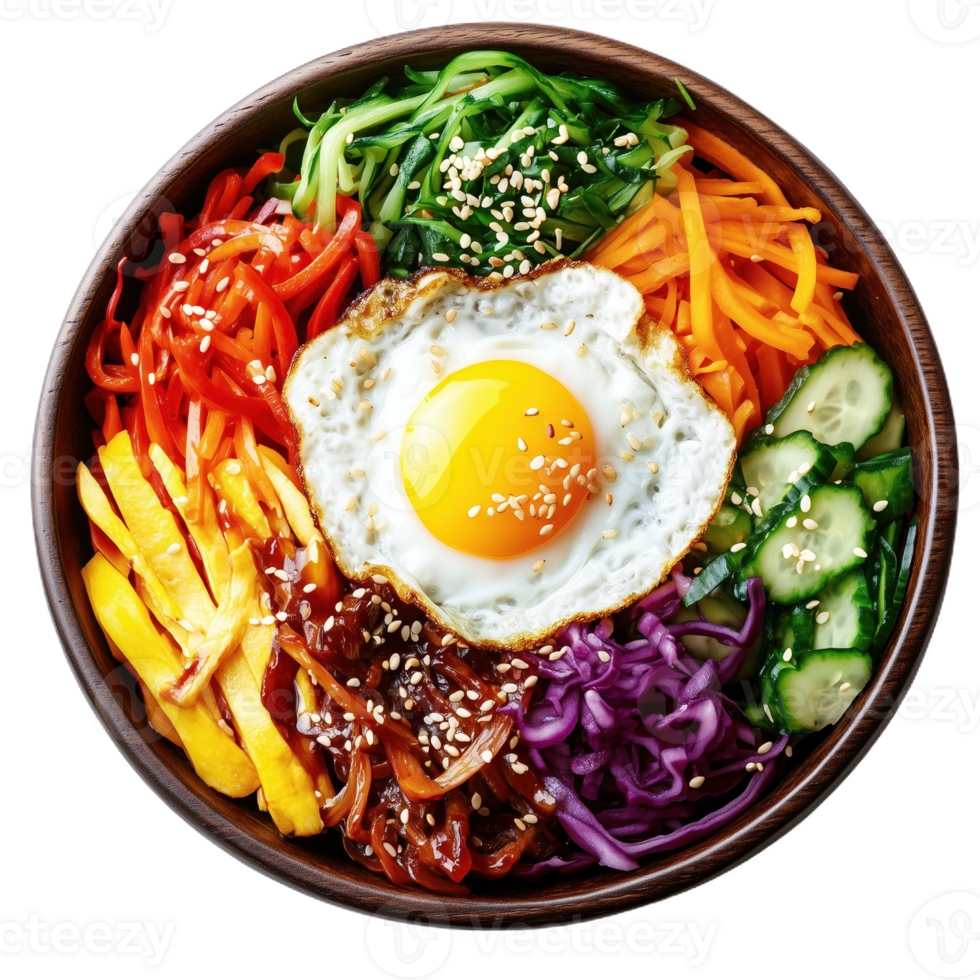 Delicious bibimbap bowl with colorful vegetables and fried egg on top png