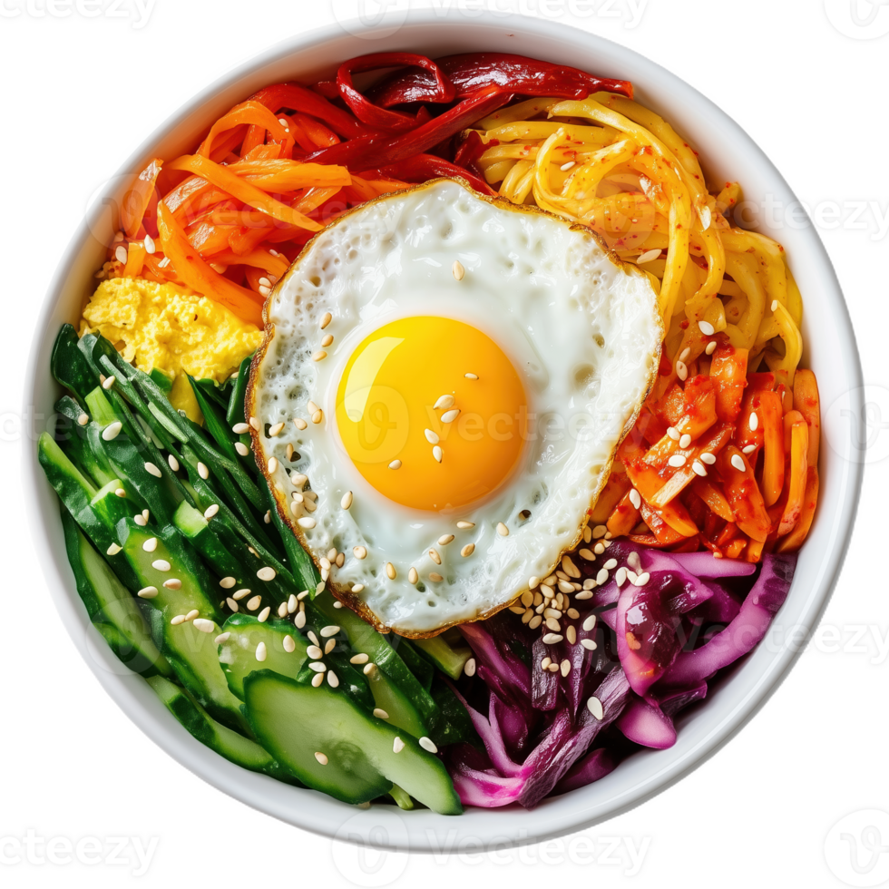 Vibrant bowl of bibimbap with fresh vegetables and a sunny side up egg png