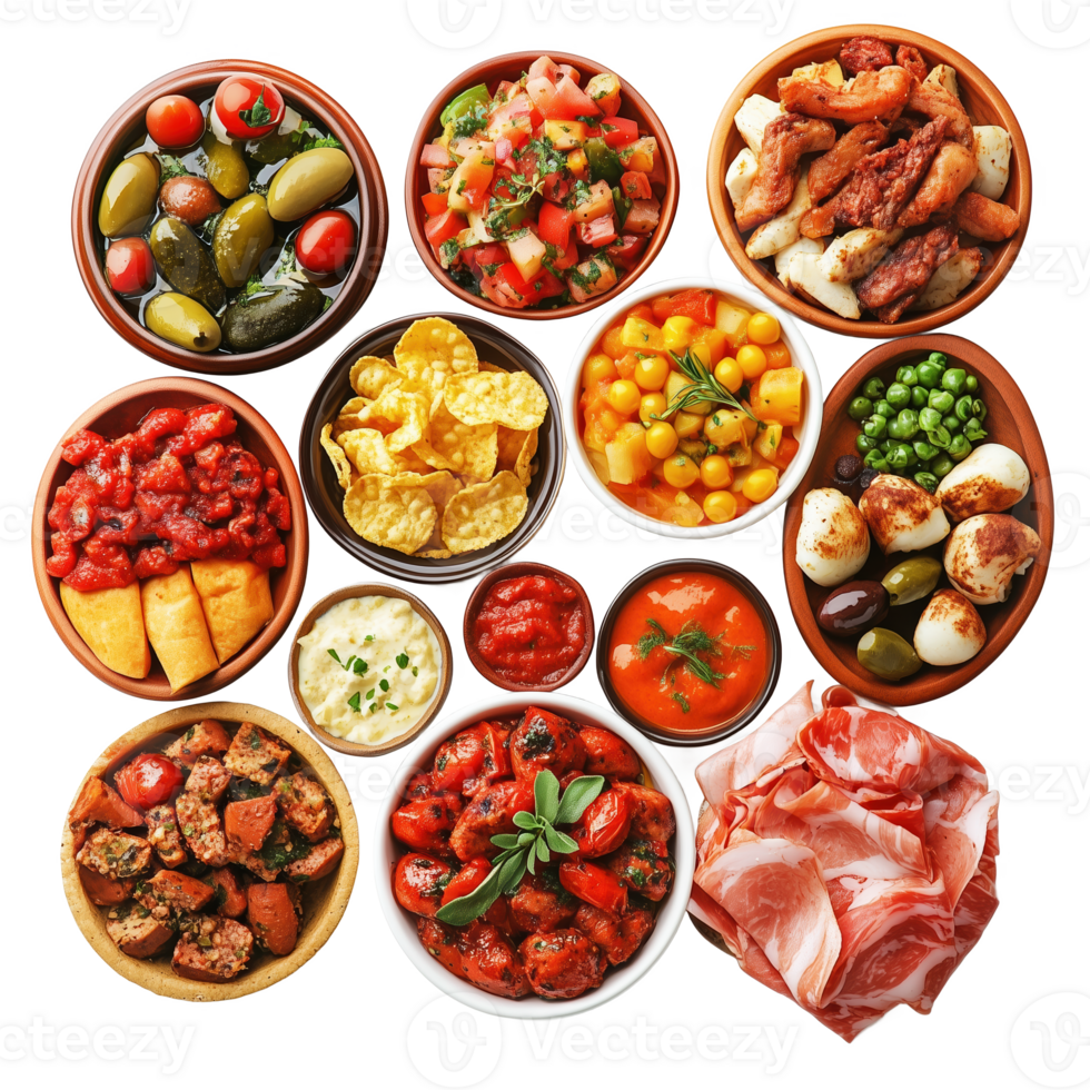 Assorted tapas showcase featuring colorful dishes from a vibrant Spanish market png