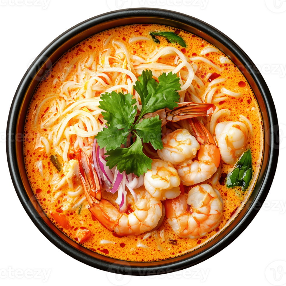 Vibrant laksa bowl with shrimp noodles and herbs sitting on a dining table png
