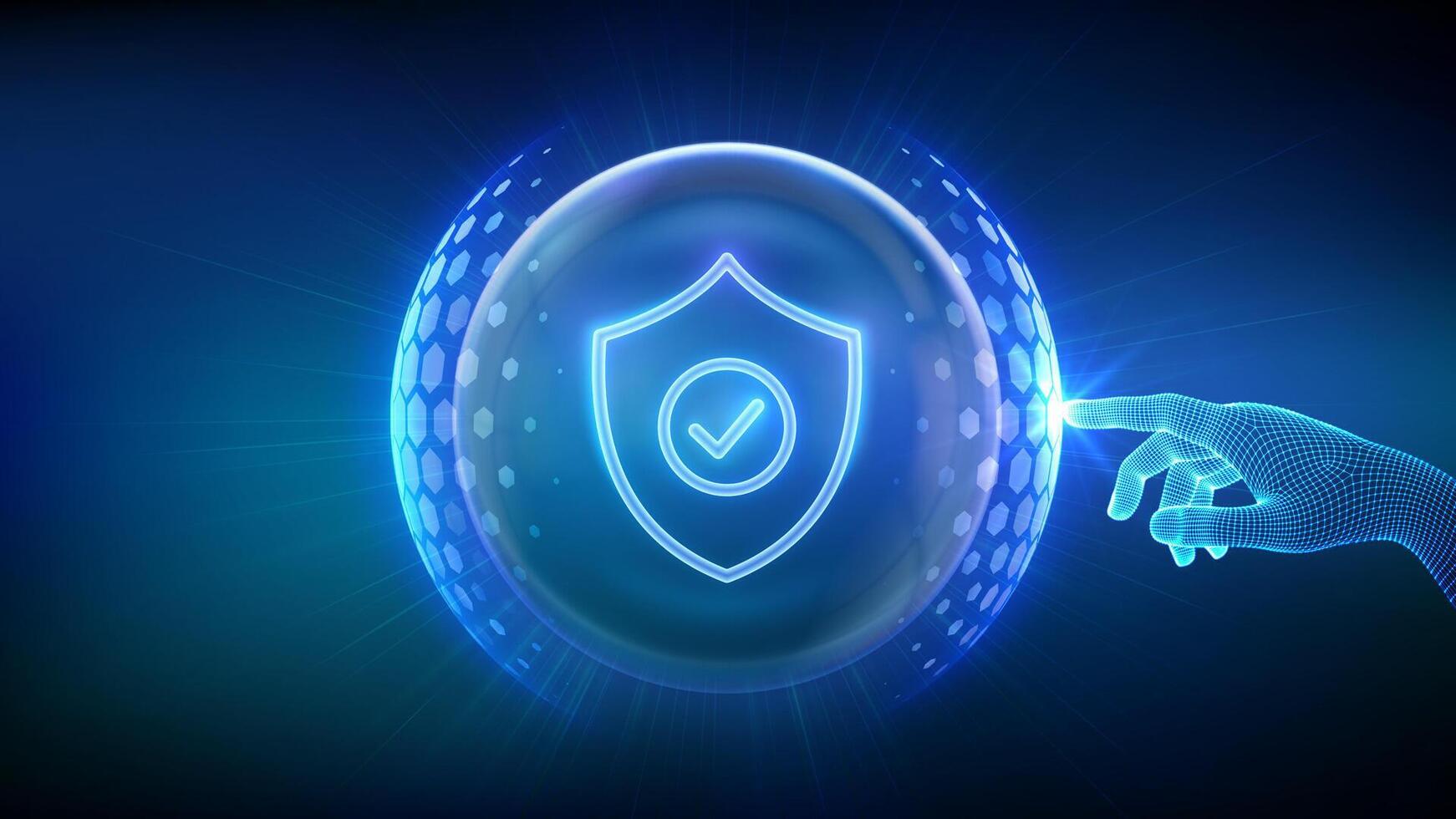 Protection. Cyber security. Network safety. Healthcare. Insurance. Hand touching Protection shield with Check mark icon inside transparent sphere shield with hexagon pattern. vector