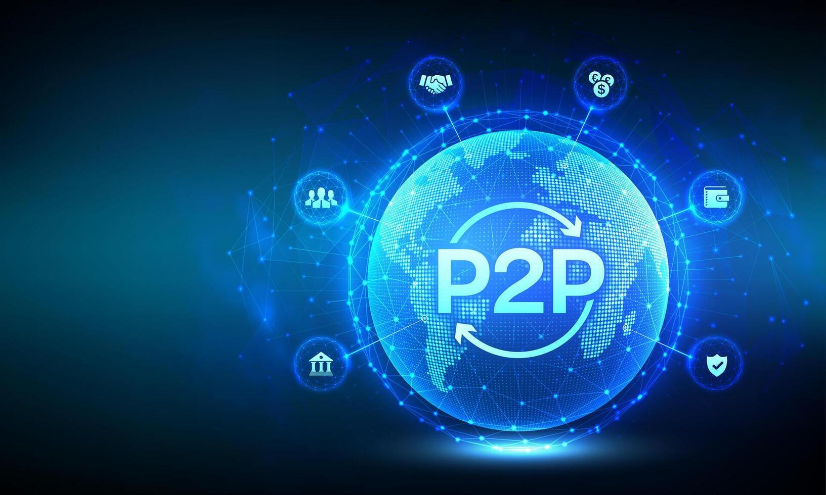 Peer to peer. P2P payment and online model for support or transfer money. Peer-To-Peer technology concept. World map point line composition. Earth planet globe. vector