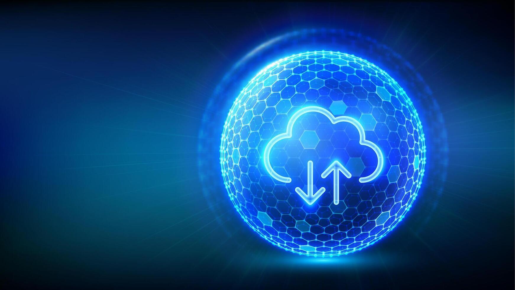 Secure Cloud Storage. Cloud icon inside transparent protection sphere shield with hexagon pattern on blue background. Cloud computing. Database storage, Data center protection. vector