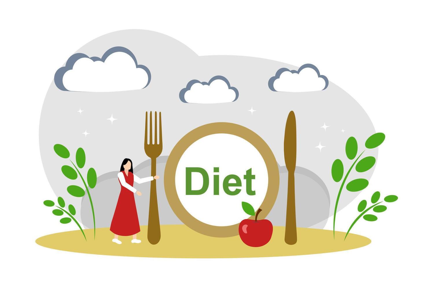 The concept of proper nutrition, diet and a healthy lifestyle. Woman Standing Near Plate With Cutlery vector
