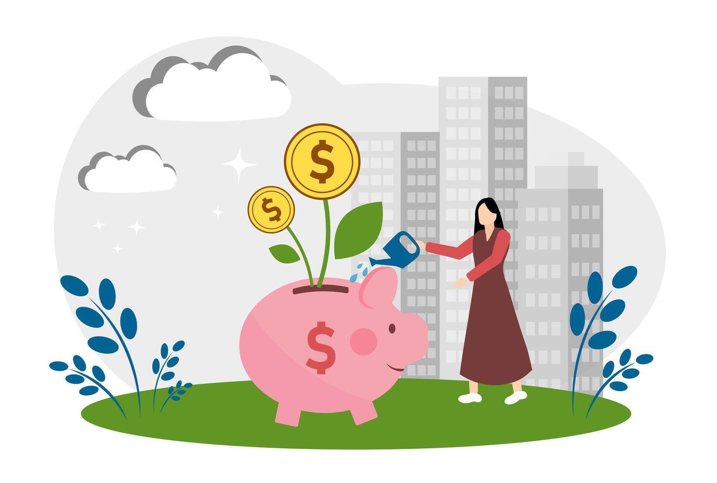 The concept of accumulating money, investing and increasing profits. A girl watering a piggy bank vector