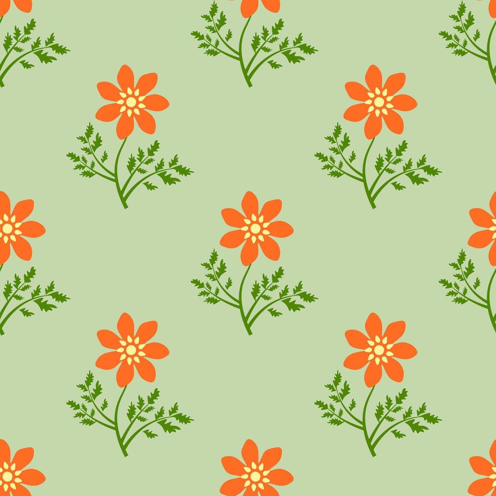 Seamless summer pattern with orange flowers on a green background. vector