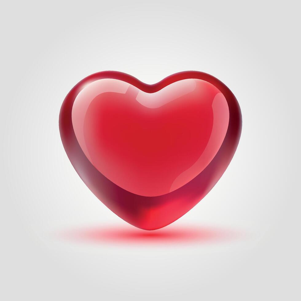 Glossy jelly red glass heart isolated on white background. Mesh gradient icon. Love romantic design. Template for holiday cards, Valentine's day, happy wedding. vector