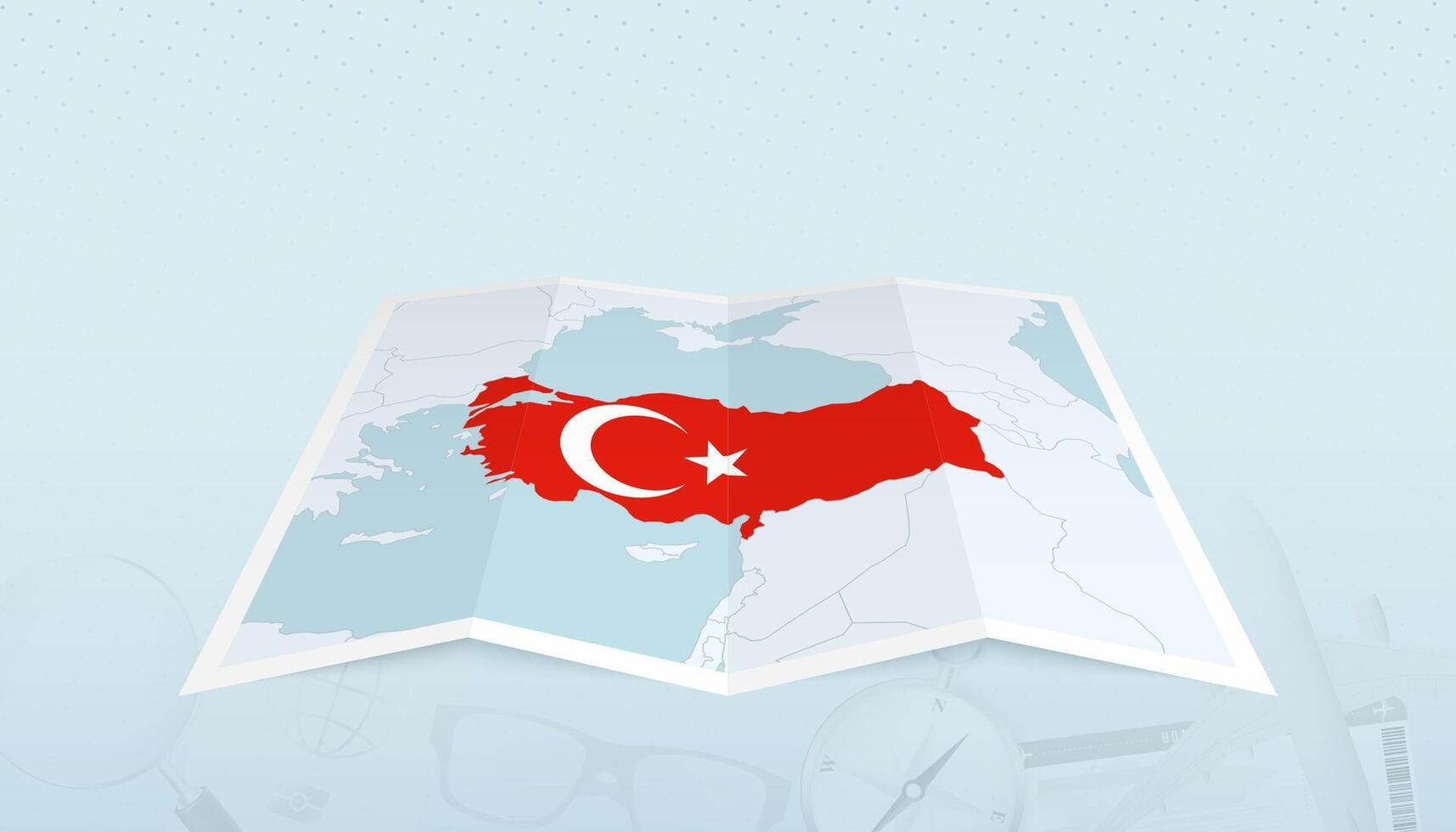 Map of Turkey with the flag of Turkey in the contour of the map on a trip abstract backdrop. vector