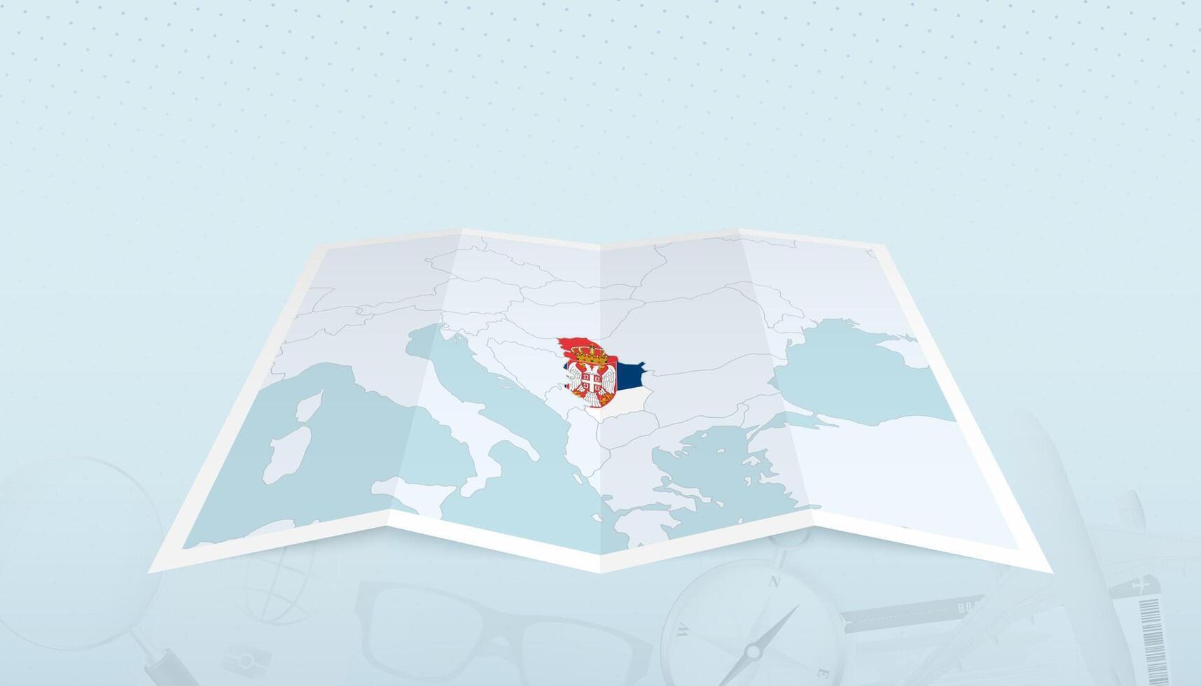 Map of Serbia with the flag of Serbia in the contour of the map on a trip abstract backdrop. vector