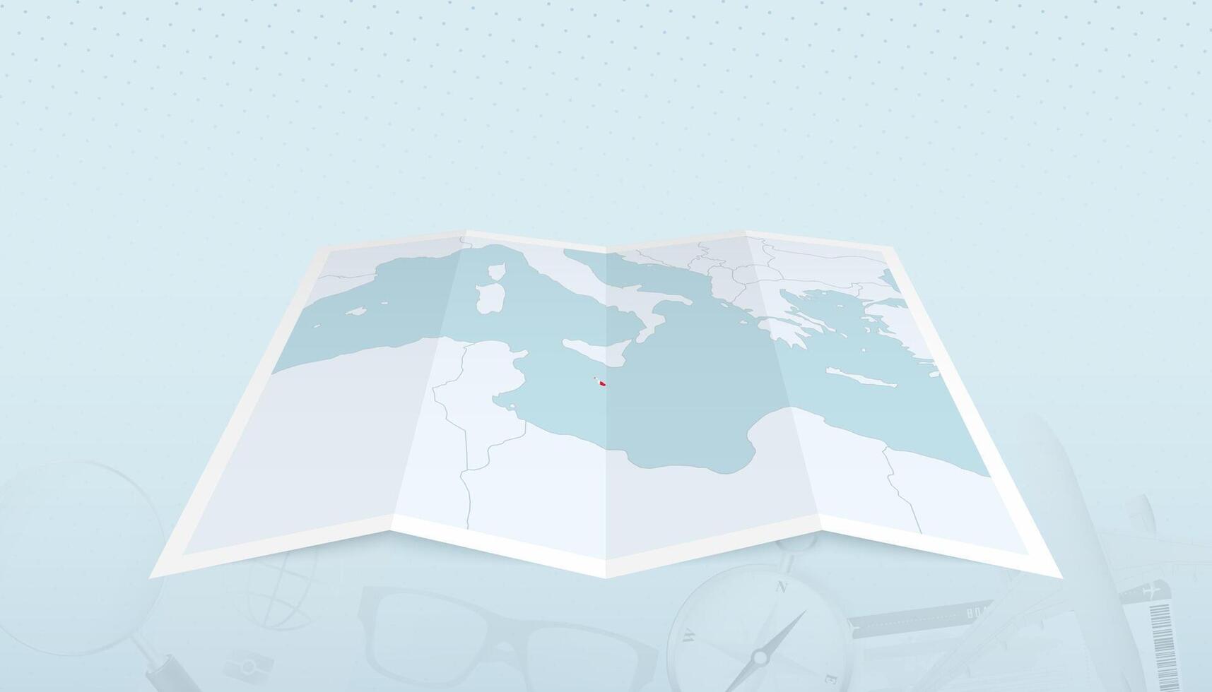 Map of Malta with the flag of Malta in the contour of the map on a trip abstract backdrop. vector