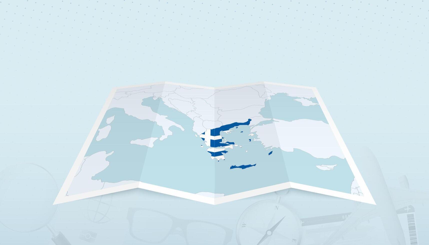 Map of Greece with the flag of Greece in the contour of the map on a trip abstract backdrop. vector