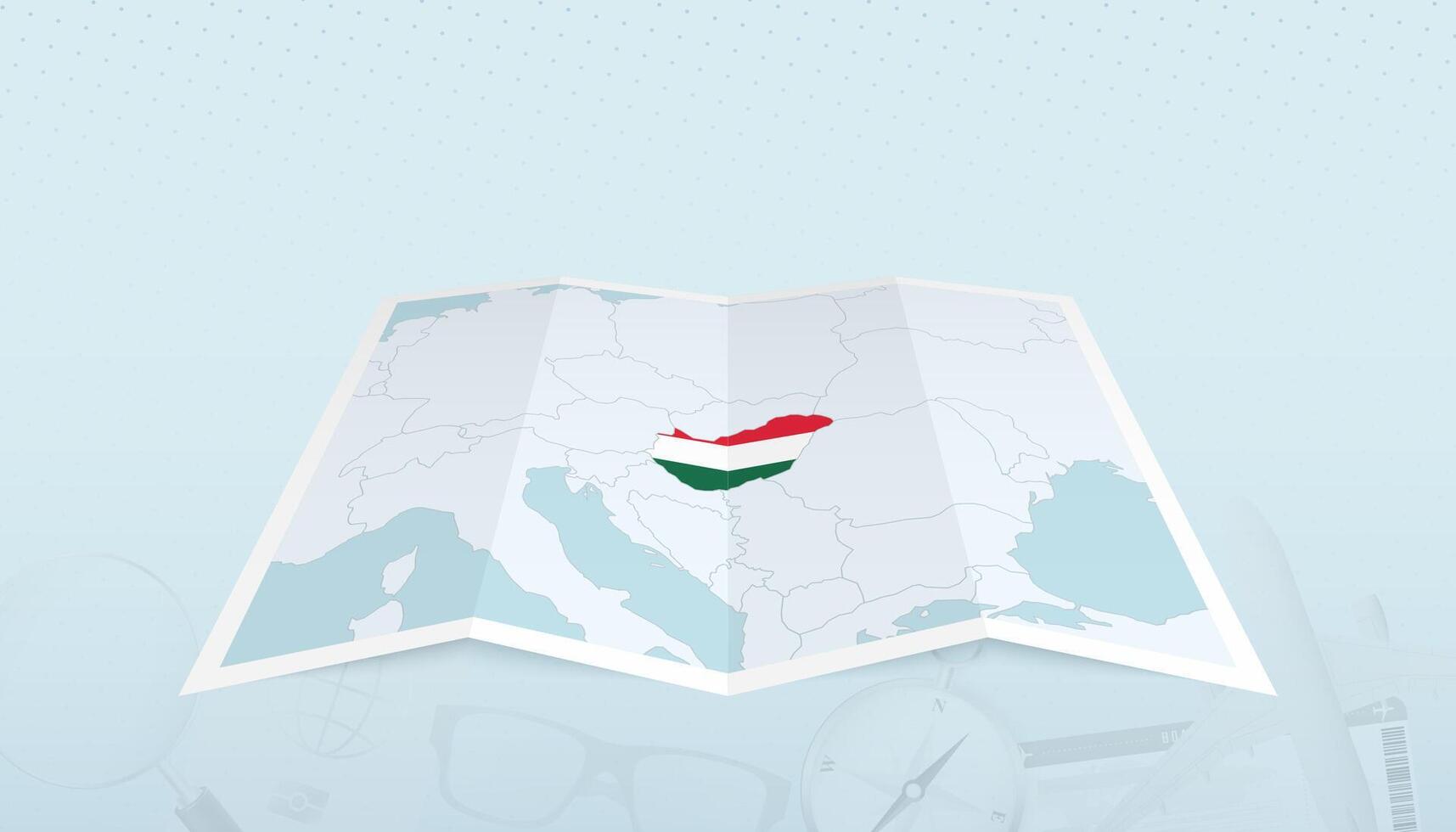 Map of Hungary with the flag of Hungary in the contour of the map on a trip abstract backdrop. vector