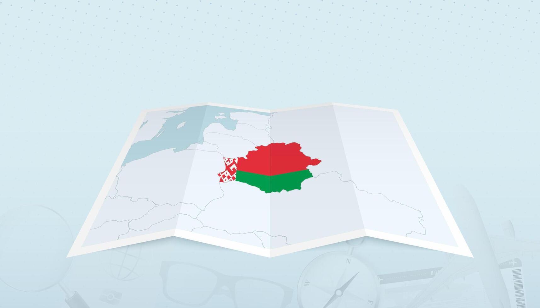 Map of Belarus with the flag of Belarus in the contour of the map on a trip abstract backdrop. vector