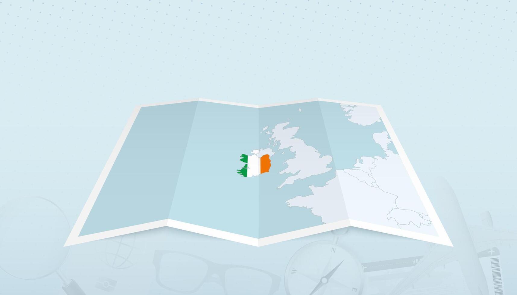 Map of Ireland with the flag of Ireland in the contour of the map on a trip abstract backdrop. vector