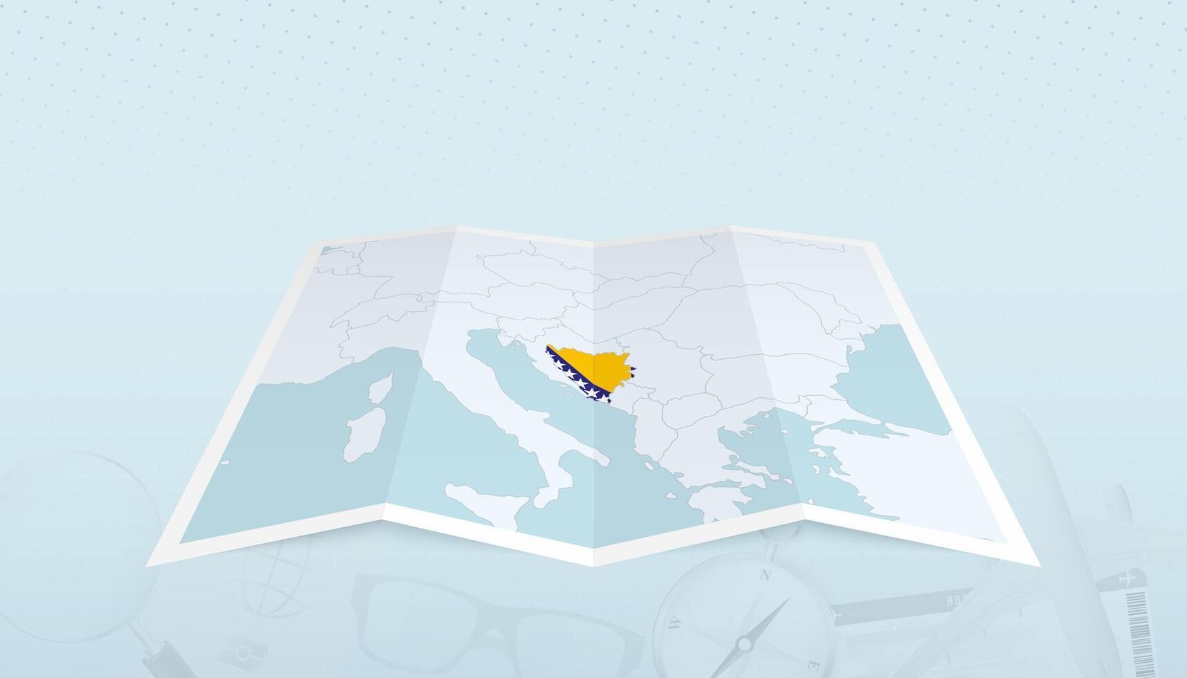 Map of Bosnia and Herzegovina with the flag of Bosnia and Herzegovina in the contour of the map on a trip abstract backdrop. vector