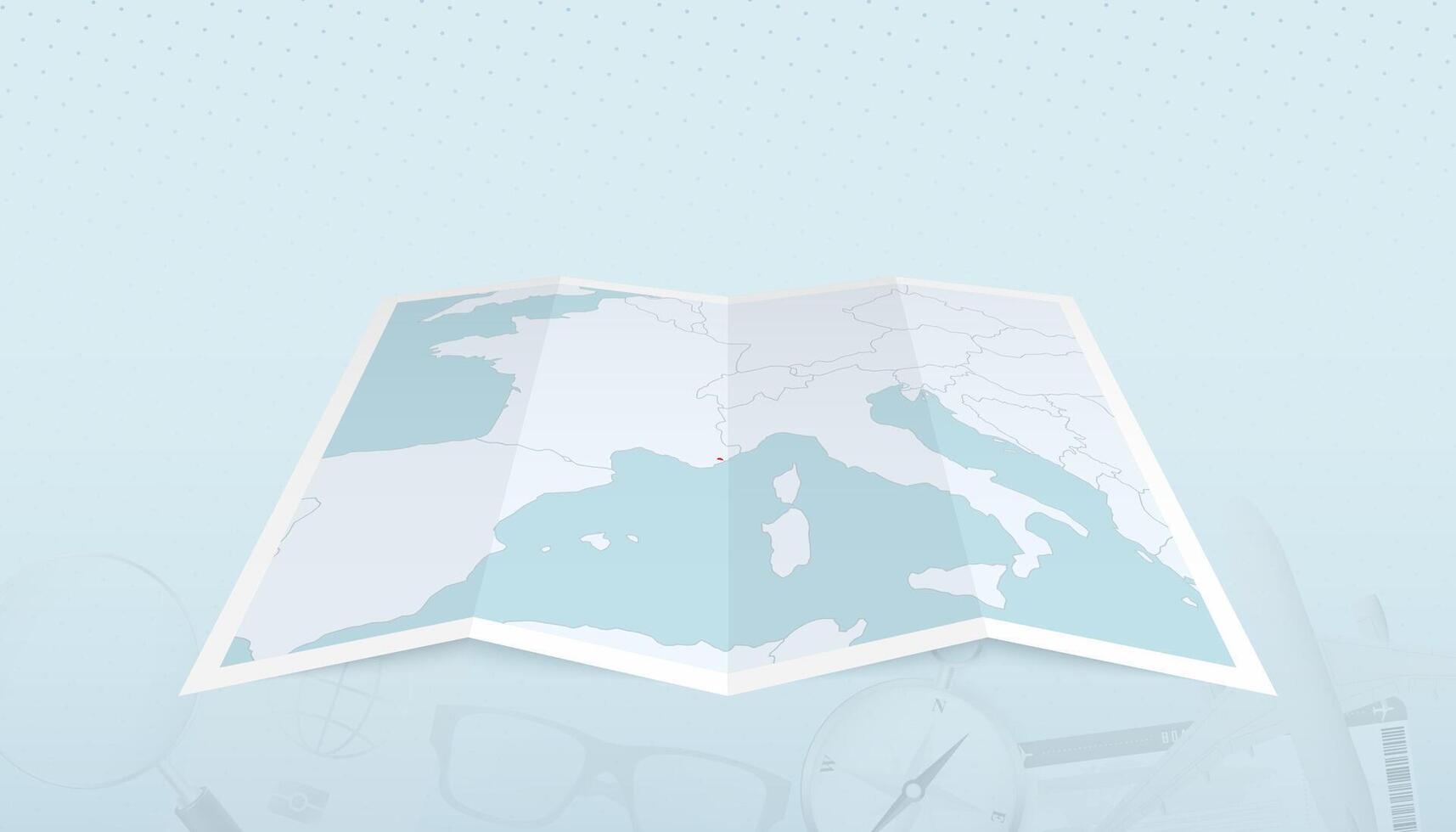 Map of Monaco with the flag of Monaco in the contour of the map on a trip abstract backdrop. vector